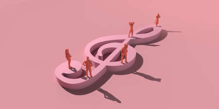 Music concept. People on giant treble clef. Copy space. 3D illustration.