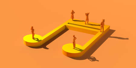 Music concept. People on giant quaver musical note with stem. Copy space. 3D illustration.の写真素材