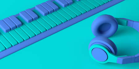 Music concept. Piano with headphones. Copy space. 3D illustration.の写真素材