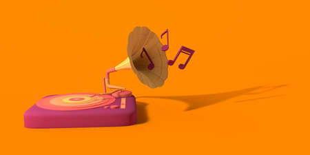 Music concept. Retro vinyl gramophone with musical notes. Copy space. 3D illustration.の写真素材