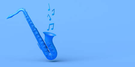 Concept of music. Saxophone playing musical notes. Copy space. 3D illustration.の写真素材