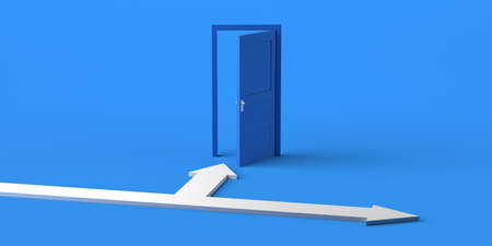 Open door with bifurcating arrows. Copy space. 3D illustration.