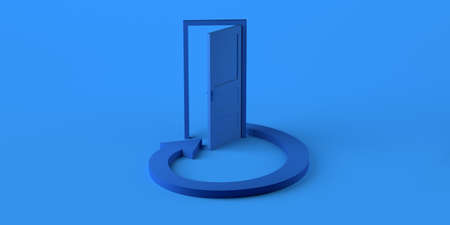 Open door with circular arrow in loop. Copy space. 3D illustration.の写真素材