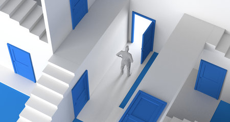Maze of doors and stairs with person coming out. Copy space. 3D Illustration.の写真素材