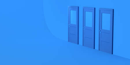 Set of three closed doors on blue background. Copy space. 3D Illustration.