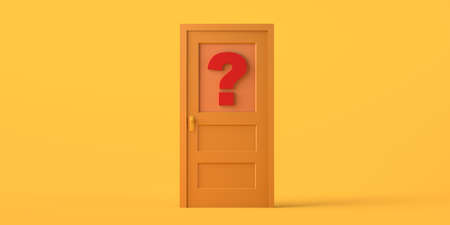 Closed door with question mark. Copy space. 3D illustration.