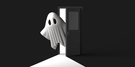 Ghost coming out of a half-open door on Halloween. Copy space. 3D illustration.の写真素材