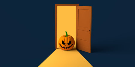 Halloween pumpkin coming out of an opening door. Copy space. 3D illustration.の写真素材