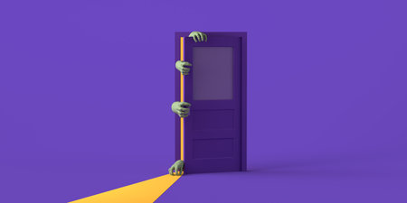 Zombie hands opening a door on Halloween. Copy space. 3D illustration.の写真素材
