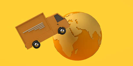 Delivery and delivery concept with truck around the world. Logistics. Copy space. 3D illustration.の写真素材