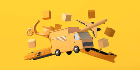 Delivery and logistics concept with vehicles. Copy space. 3D illustration.の写真素材