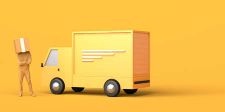 Delivery concept with man with box instead of head and truck. Logistics. Copy space. 3D illustration.の写真素材