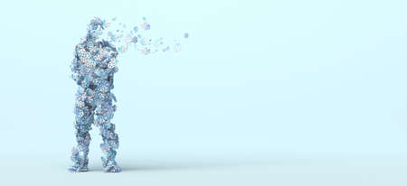Man decomposing in winter snowflakes. Copy space. 3D illustration.