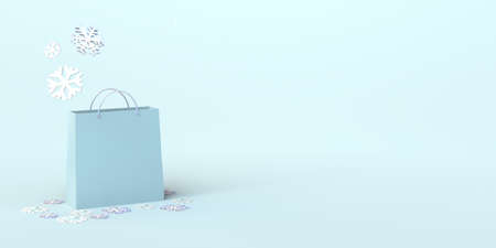 Winter season shopping banner. Shopping bag with snowflakes. 3D illustration. Space for promotional copy, discount or sales.の写真素材