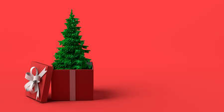 Christmas tree coming out of gift box. Copy space. 3D illustration.