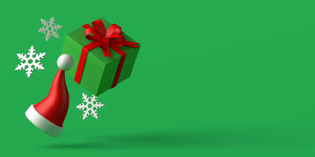 Christmas gift box with Santa Claus hat and snowflakes. Copy space. 3D illustration.