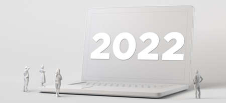 Group of people looking at a giant laptop with the new year 2022. 3d illustration.の写真素材