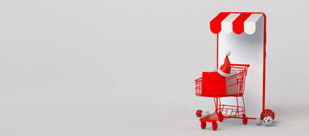 Online Christmas shopping concept with smartphone. Copy space. 3D illustration.の写真素材