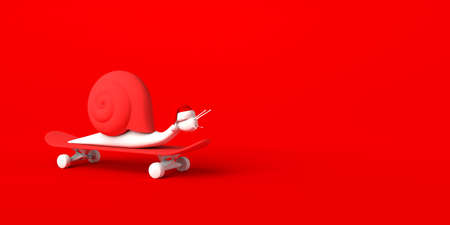 Snail on skateboard with Santa Claus hat. Copy space. 3D illustration.の写真素材