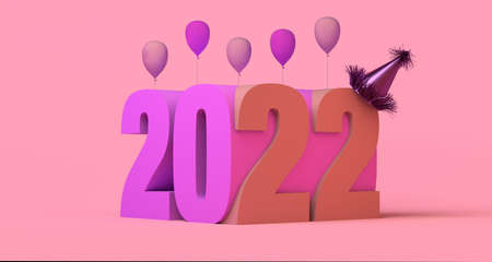 Abstract banner of the year 2022 with balloons and party hats. New year's eve. Copy space. 3D...