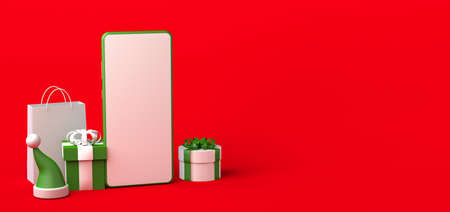 Online Christmas shopping concept with smartphone. Copy space. 3D illustration.
