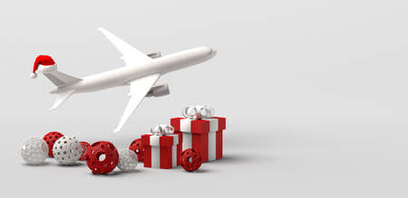 Traveling at Christmas. Airplane with Santa Claus hat, balls and presents. Copy space. 3D...