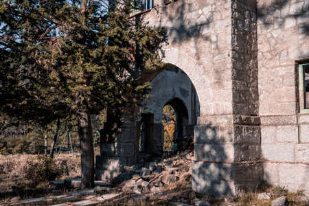 Abandoned and demolished old stone building. Selective focus.の写真素材