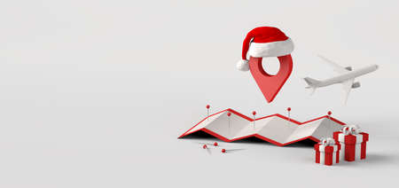 Christmas travel concept with map, pushpin, Santa hat and gifts. 3D illustration. Copy space.の写真素材