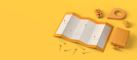 Locator mark, map with pins, suitcase, binoculars and car. Travel concept. 3D illustration. Copy space.の写真素材