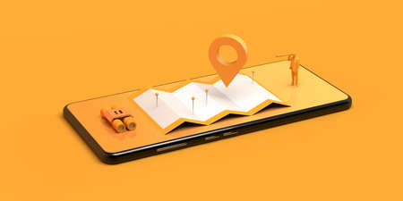 Locator mark, map with pins, binoculars and man with spyglass on smartphone. Online travel concept. 3D illustration. Copy space.の写真素材