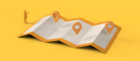 Locator mark, map and man with spyglass. Travel and search concept. 3D illustration. Copy space.の写真素材