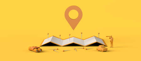 Locator mark, map with pins, car and man with spyglass. Travel and search concept. 3D illustration. Copy space.の写真素材