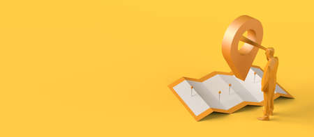 Locator mark, map with pins, car and man with spyglass. Travel and search concept. 3D illustration. Copy space.の写真素材