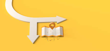 Location concept with locator mark, map with pins and direction arrows. 3D illustration. Copy space.の写真素材