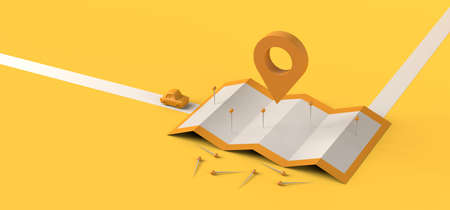 Locator mark, map with pins, car and binoculars. Travel and search concept. 3D illustration. Copy space.の写真素材