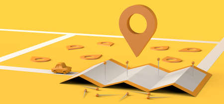 Locator mark, map with pins, car and binoculars. Travel and search concept. 3D illustration. Copy...