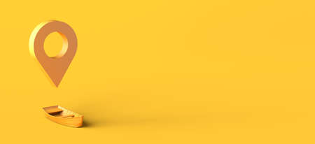 Sea location concept with boat and locator mark. 3D illustration. Copy space.の写真素材