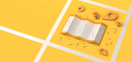 Locator mark, map with pins, car and binoculars. Travel and search concept. 3D illustration. Copy space.の写真素材