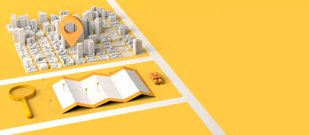 Location concept in urban environment with map, locator mark and magnifying glass. 3D illustration. Copy space.の写真素材
