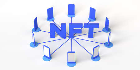 Concept of buying and selling non-fungible NFT token connected to smartphones. Cryptoart with...