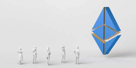 People watching ethereum cryptocurrency token floating. Copy space. 3D illustration.の写真素材