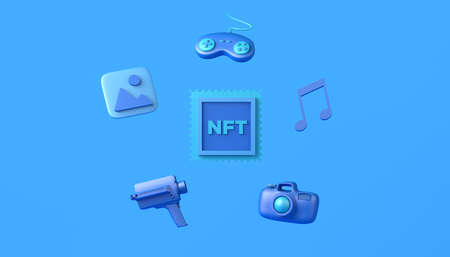 NFT non fungible token surrounded by images, videos, music and gaming. Crypto art. Copy space. 3D...