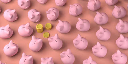 Many piggy banks looking at coins. Copy space. 3D illustration.の写真素材