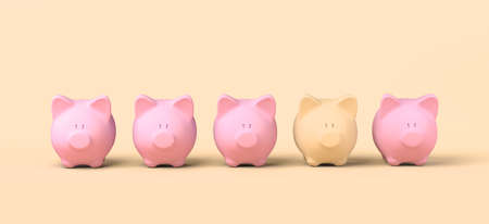 Aligned piggy banks and a different one. Copy space. 3D illustration.