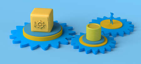 Gears with lockbox, coins and man. Bank security. Copy space. 3D illustration.