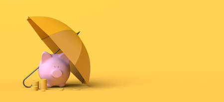 Piggy bank with coins under an umbrella. Copy space. 3D illustration.の写真素材