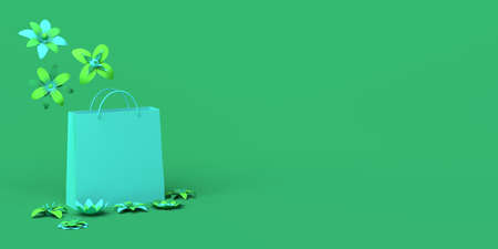 Spring season shopping banner. Shopping bag with flowers. 3D illustration. Space for promotional copy, discount or sales.の写真素材