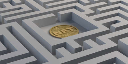 NFT inside a maze. Non fungible token investment concept of crypto art on the blockchain. Copy space. 3D illustration.の写真素材