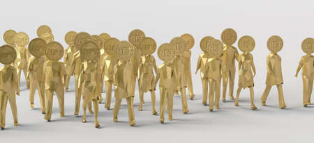 People with NFT instead of head. Non fungible token concept of crypto art on the blockchain. Copy...