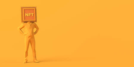 Man with NFT instead of head. Non fungible token concept of crypto art on the blockchain. Copy space. 3D illustration.の写真素材